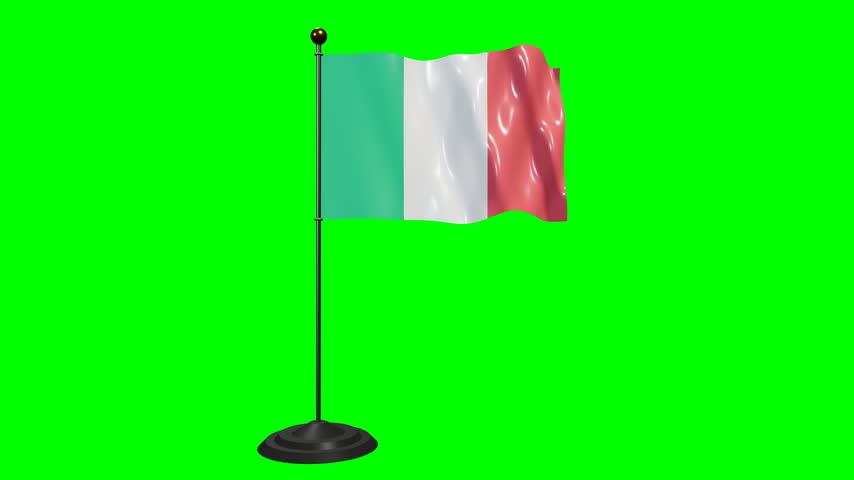 Italian national flag waving on a flagpole against a green screen background