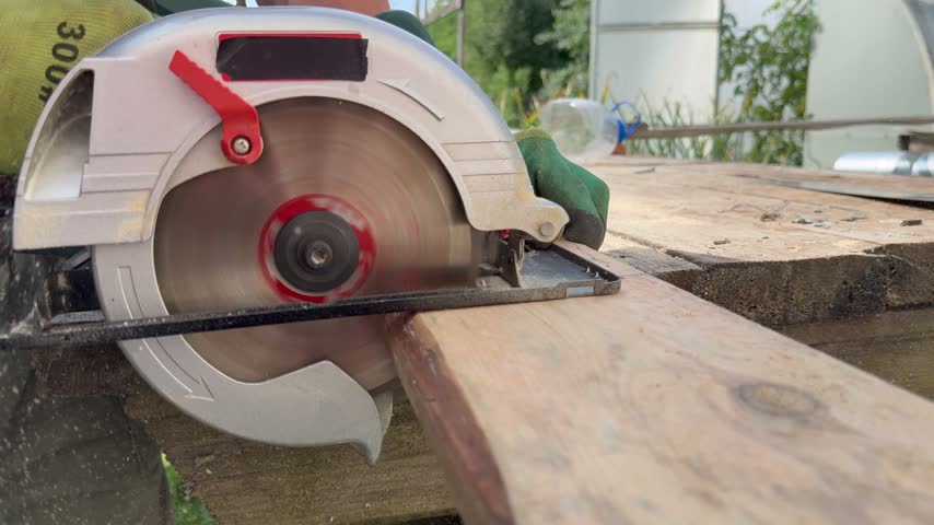 Circular saw cutting timber plank, woodworking process and power tool operation.