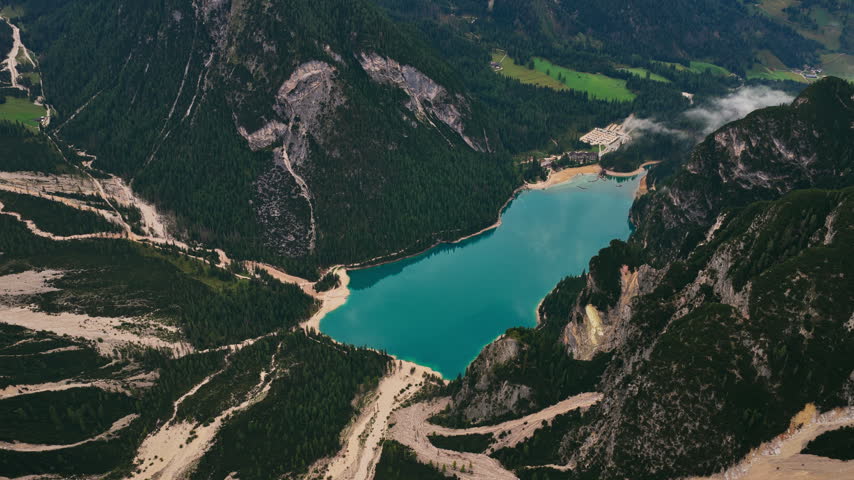 Aerial View Of Pragser Wildsee From Seekofel Mountain In Italy.