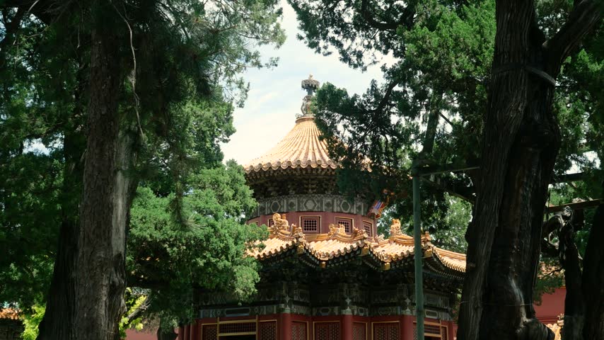 Traditional Imperial Pavilion Surrounded by Trees in the Forbidden City, Beijing, China