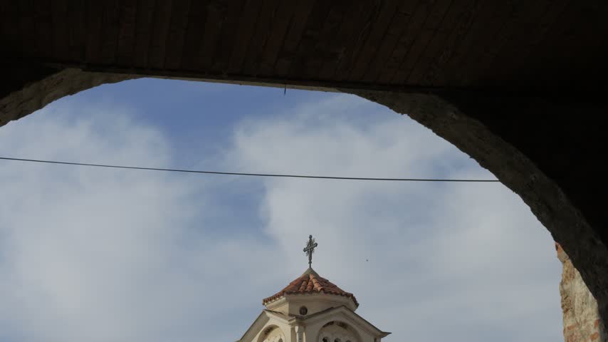 Medieval orthodox Monastery of Saint Naum on the shore of Lake Ohrid in Macedonia. An historic religious building against a blue sky