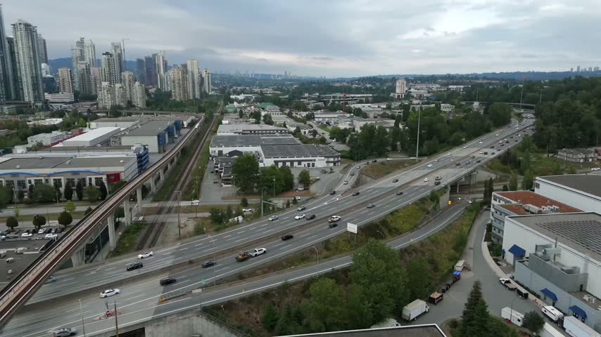 Multi-lane Roadways Near Brentwood In Burnaby, British Columbia, Canada. Urban Transportation Over Lougheed Highway And Willingdon Avenue Area. Aerial Shot