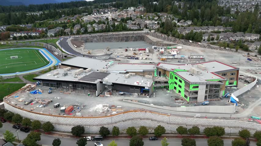Burke Mountain Middle and Secondary School and Athletic Park Construction Project In Coquitlam, British Columbia, Canada. Aerial Shot