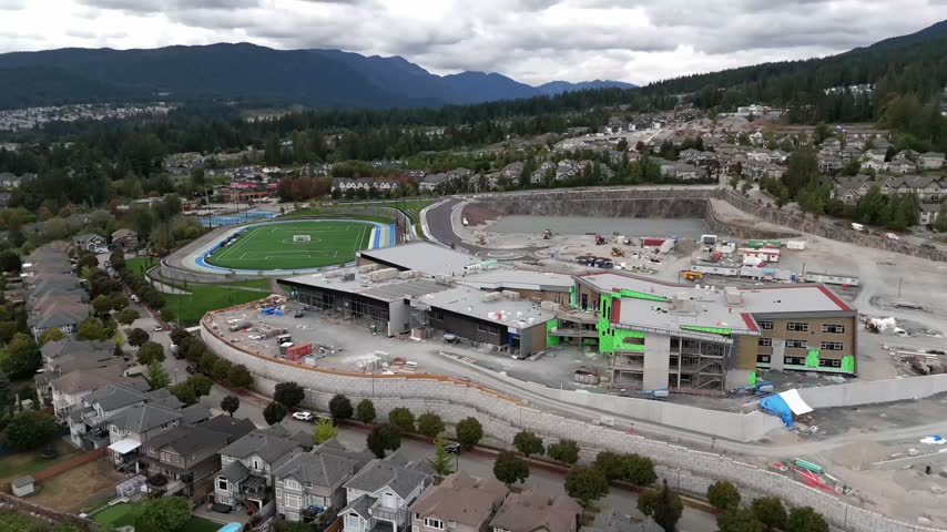 Construction Of Burke Mountain Middle and Secondary School and Athletic Park Project In Coquitlam, British Columbia, Canada. Aerial Shot
