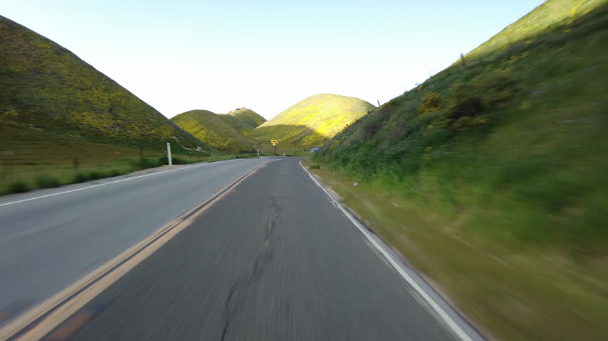 Carrizo Plain Super Bloom Highway 58 East 05 Front View Driving Plates of Wild Flowers at Sunset California USA