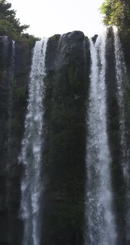 Jeongbang waterfall in Seogwipo, Jeju island, Jeju-do, South Korea, water streams falling over a dark basalt cliff into a pool by the sea on a sunny day, nature and volcanic landscape, Seogwipo-si
