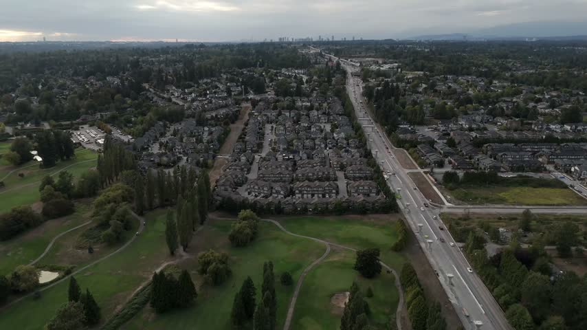 Surrey Golf Course, Fleetwood Town Centre And Fraser Highway In British Columbia, Canada. - aerial shot