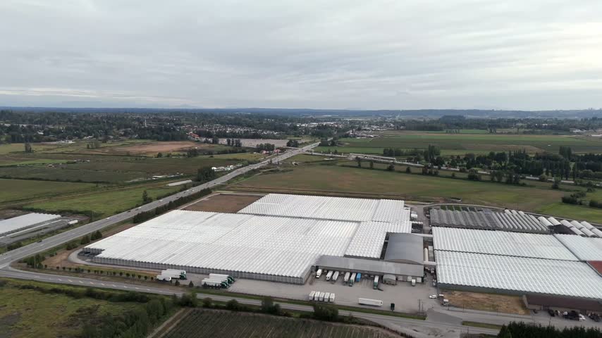 Agricultural Greenhouse Facility And Distribution Center With Parked Delivery Vehicles And A Loading Area In Surrey, BC, Canada. - aerial shot