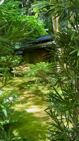 Lush foliage frames a mossy path and secluded garden retreat with a traditional wooden building in Portland Japanese Garden