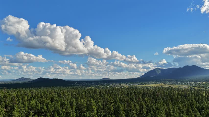 Aerial view of the vast pine forest landscape with Elden Mountain in the distance under a bright blue sky with scattered clouds in Flagstaff, Arizona, United States.