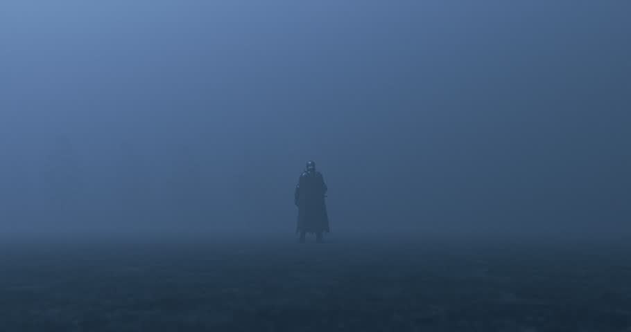 Shaky handheld camera recording knight watching flying dragon silhouette emerge from dark fog with lightning