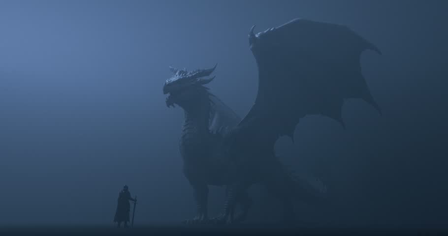 Shaky handheld camera recording silhouette of knight facing giant dragon in dark foggy night with lightning