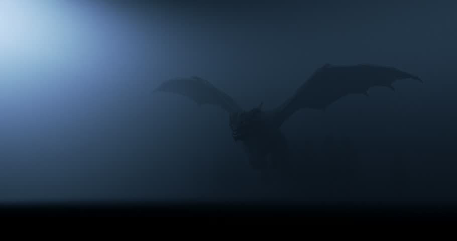 Shaky handheld camera recording giant flying dragon silhouette emerging from dark fog with lightning flashes