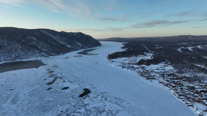 Aerial View of Listvyanka Shore and Frozen Baikal Bay at Dusk