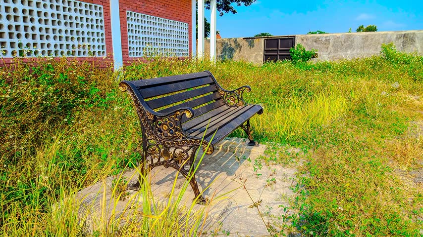 A classic-style park bench stands amidst the wild grass, with a red brick building and a bright blue sky as a backdrop.