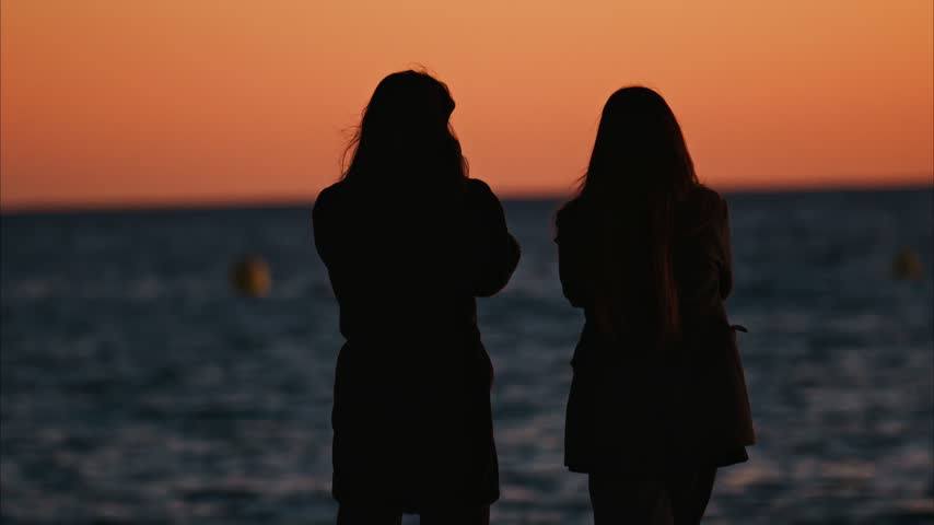 Silhouettes of two young women standing on sandy beach watching calm sea waves during beautiful orange golden hour sunset.