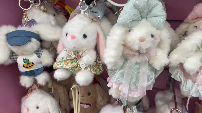 Cute white rabbit plush toys and stuffed animal keychains. Adorable fluffy bunny doll keyrings dressed in pastel pink and mint green lace dresses, alongside retail gift shop accessory displays. Close-up view of soft toys with oversized sequin head bows and hanging hooks on a display rack.