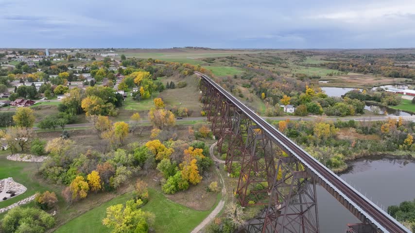 Aerial View Along Railroad Tracks on Hi-Line Bridge in North Dakota