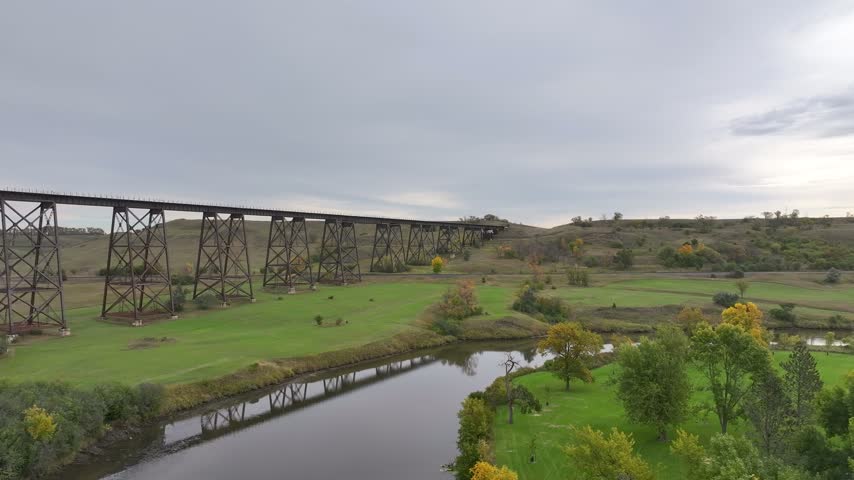 Aerial View Following Hi-Line Railroad Bridge Toward North Dakota Prairie