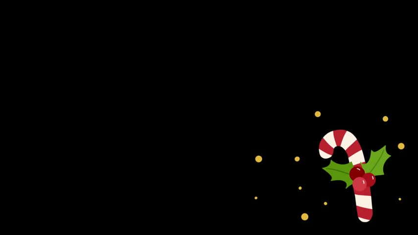 Animated hand drawn Christmas candy cane with holly leaves and red berries isolated