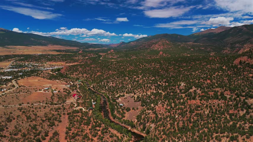 Buena Vista waterpark River Park view Arkansas River Midland Tunnels Rocky Mountains small town downtown Main Street Summer Fall morning blue sky sunny drone aerial Colorado circle right