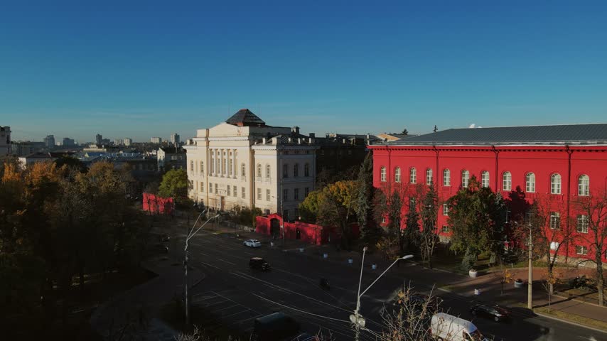 Volodymyrska Street aerial view between historic buildings in Kyiv, Ukraine