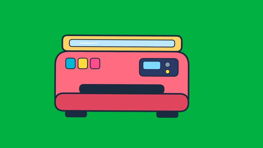 2D animated flat design of a multifunction printer scanning a document and printing a paper page on greenscreen background.