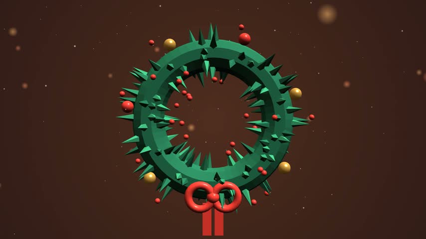Evergreen Christmas wreath with red berries, gold and red baubles and a red bow gently swaying on a dark warm background. Seamless 3D loop in 4K for door decoration and holiday greetings.