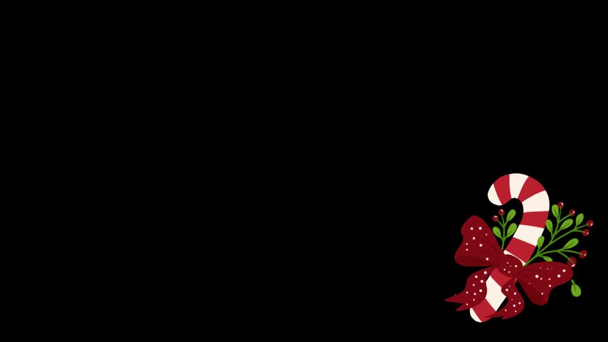 Animated hand drawn Christmas candy cane tied with big red ribbon bow isolated