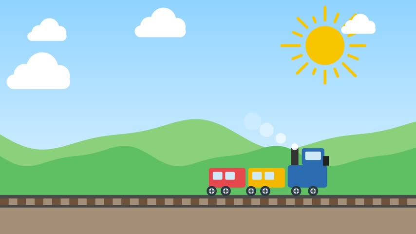 Animated cartoon train moving across a sunny, hilly landscape with clouds.