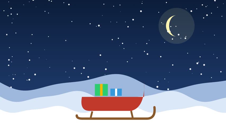 Animated Christmas scene with a sleigh full of gifts under a starry night sky.