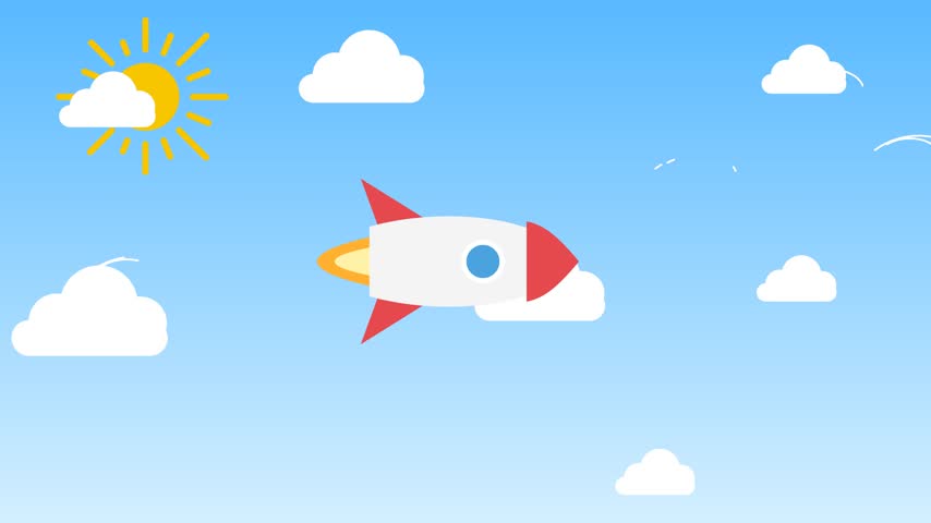 Cute cartoon rocket blasting off through a bright blue sky with fluffy clouds.