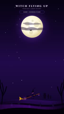 Silhouette witch soaring on a broomstick past a glowing moon with magical purple trail forming boo text in flat vector style for halloween motion background.