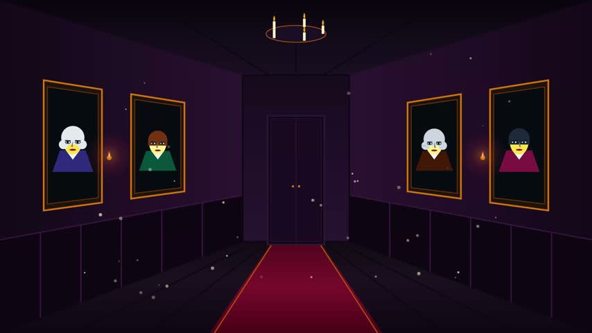 Creepy flat vector hallway inside a haunted mansion where vintage portraits track the viewer with glowing eyes before the far door opens with cold light.