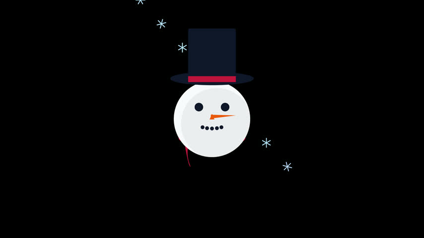 Flat vector winter snowman wearing a top hat and red scarf with a carrot nose bouncing against a dark background with falling hex snowflakes