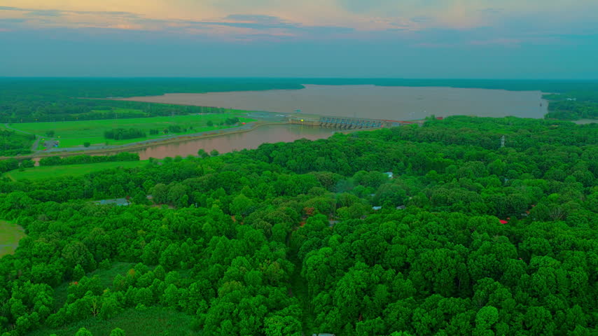 Barkley Dam and lock on the Cumberland River at dusk, holding back Lake Barkley in Lyon County.