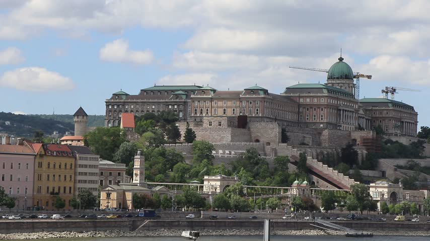 Royal Palace of Buda Castle and Varkert Bazar across the Danube in Budapest, Hungary.