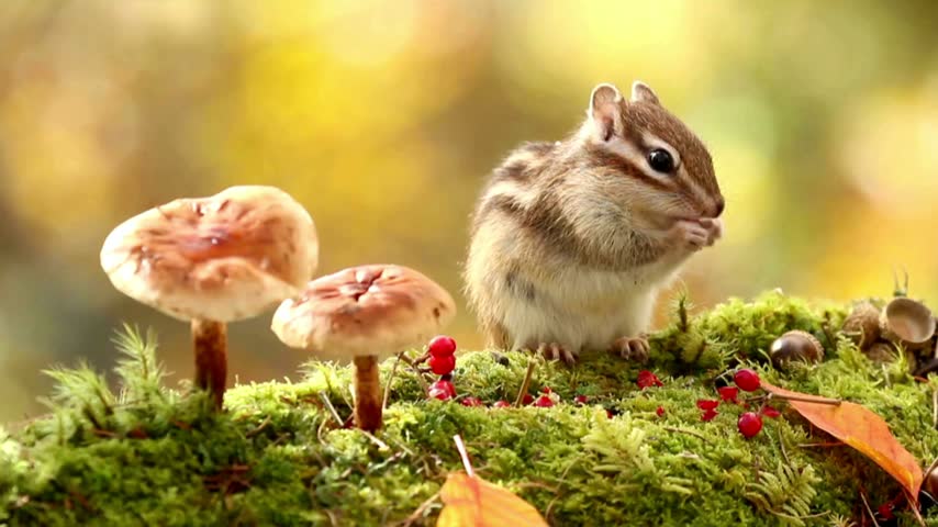 Adorable wild chipmunk sitting on a mossy log eating near wild mushrooms and red berries in autumn forest setting.   