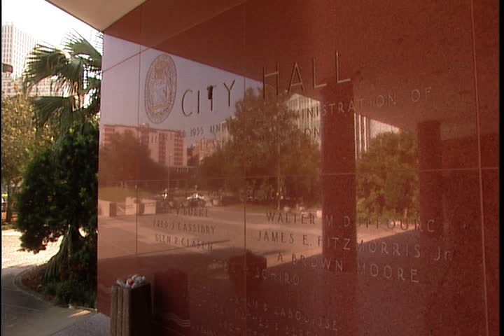 Engraved marble sign on the outside of New Orleans city hall after Hurricane Katrina (October 2005).