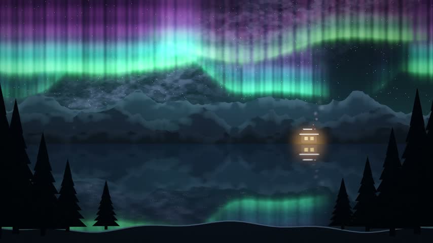 Realistic animation of northern lights dancing over a snowy mountain lake at night, with starry sky, mirror reflections, a glowing cabin and pine trees. Seamless loop, nature background.