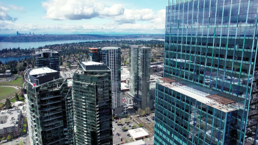 4K Aerial Drone View of Bellevue Washington Skyline and Modern Cityscape