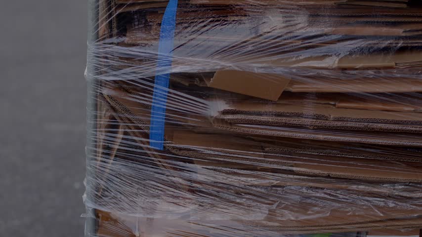 Outdoor loading area scene with pallet holding flattened cardboard boxes bundled and tightly wrapped in clear plastic stretch, secured with blue strap under overcast daylight.