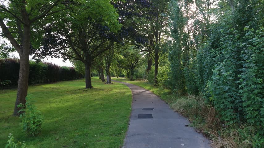 A paved walking path curves through a green park lined with mature trees, grass and dense vegetation