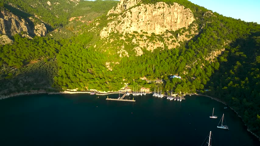 Aerial view of a rocky bay surrounded by dense pine forest and moored yachts in calm water.