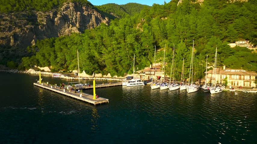Harbor with sailboats moored at docks next to a dense forest and rocky hills