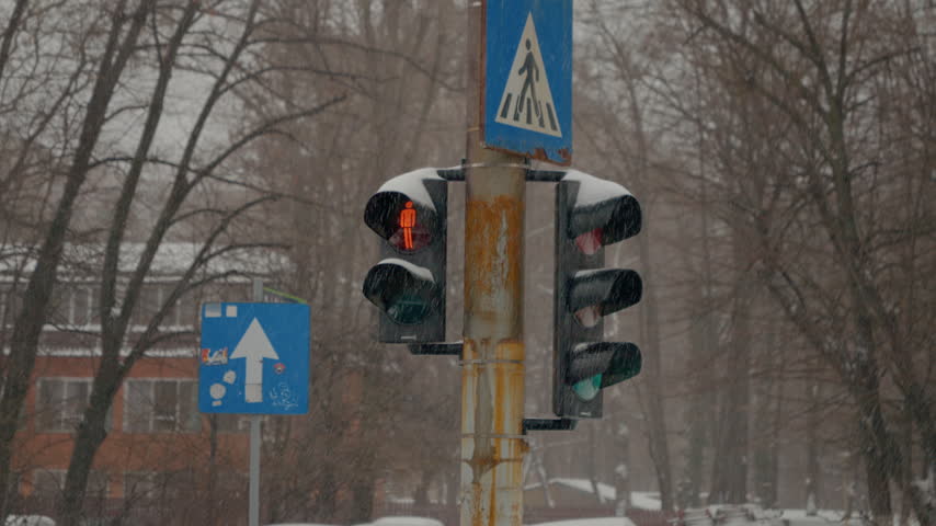 Snow falls steadily over the city, covering the streets in a winter wonderland while a traffic light stands illuminated in the icy weather.