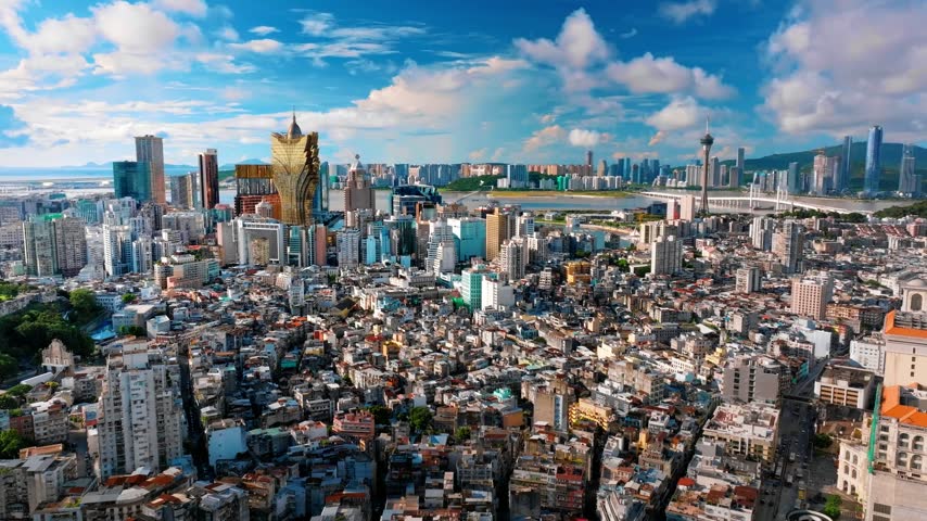 Macau, China – 2024, Nov: Aerial 4K footage of Macau, the world