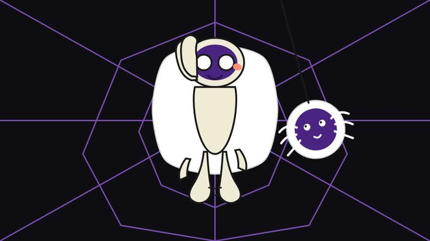 Cute mummy character trapped in a purple spider web with a friendly hanging spider vector illustration for Halloween.