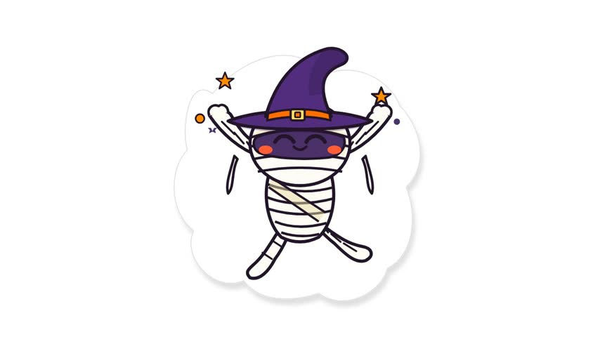 Cute Halloween mummy sticker wearing a purple witch hat vector illustration isolated on white background.