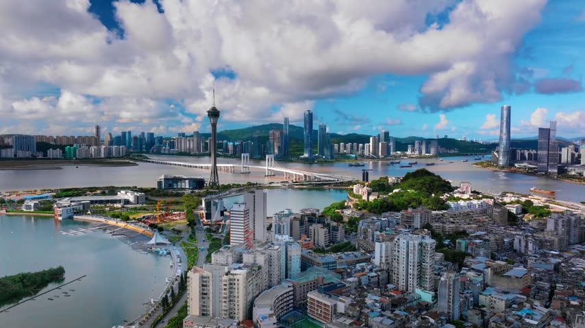Macau, China – 2024, Nov: Aerial 4K footage of Macau, the world